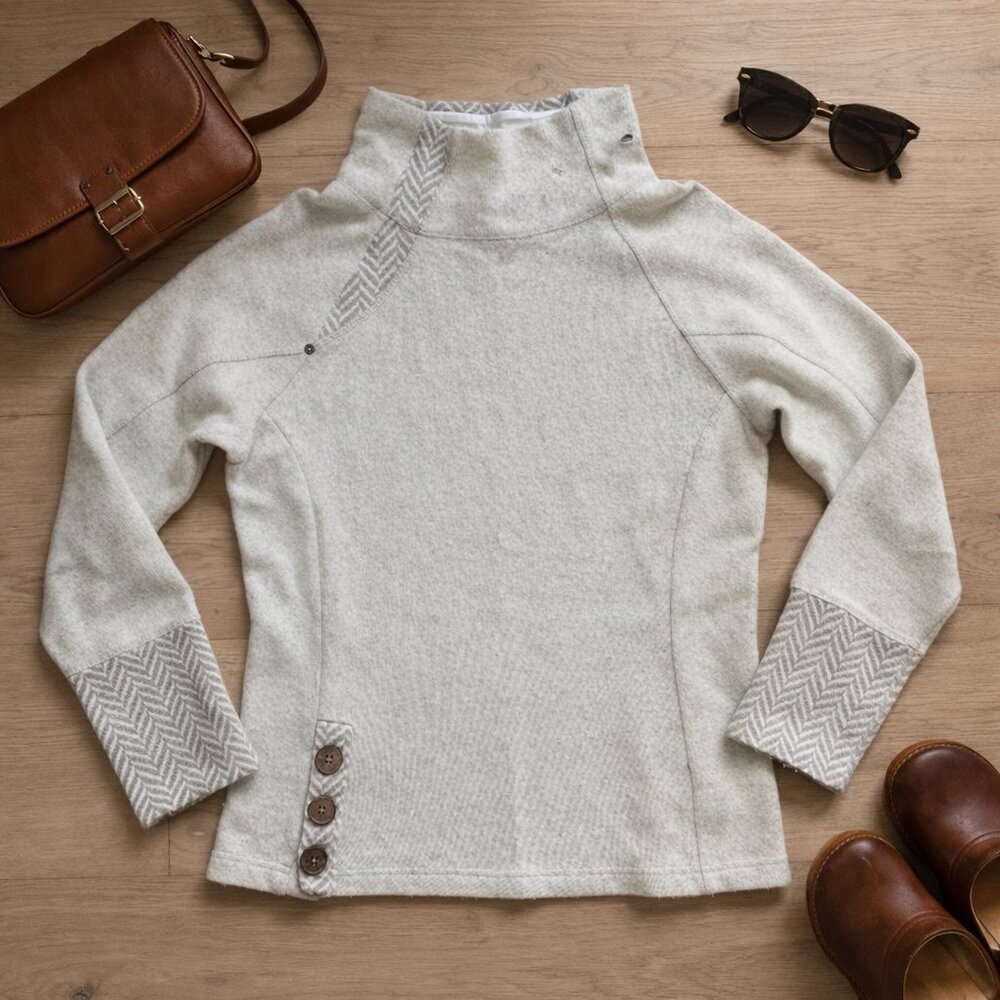 prAna Lucia Pullover Sweater Women’s Large Ivory Wool Blend Herringbone Knit